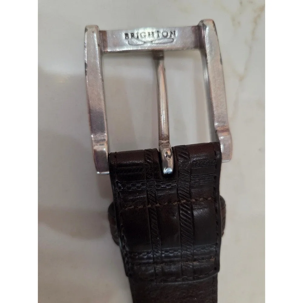 Brighton Leather Belt Size 42 Brown Embossed Plaid Silver Buckle M11048 Mens